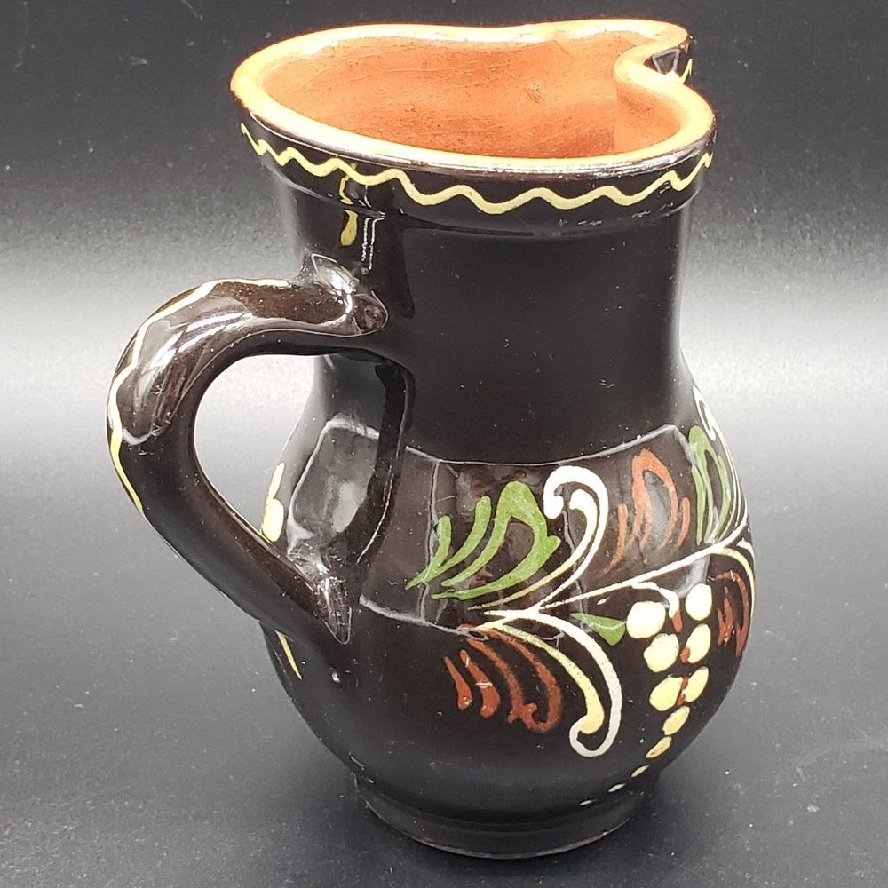 HUNGARIAN Redware Hand Painted Brown Floral Beige Green Glazed Handled Pitcher - Picture 9 of 11